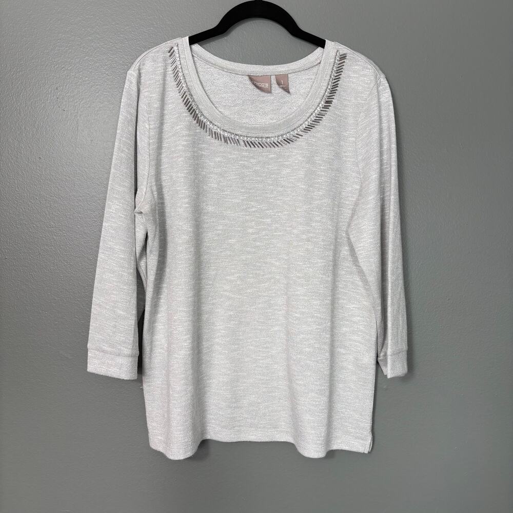 Chico's Women's Silver Glitter Metallic Beaded Neck Glam Top - Size 1 (Medium)